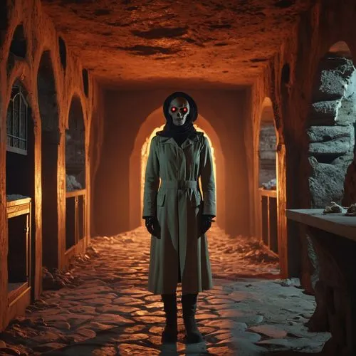 trench coat,overcoat,hooded man,cloak,pilgrim,old coat,coat,cellar,catacombs,ice hotel,cold room,crypt,underworld,monk,doctor doom,long coat,vigil,the wanderer,rasputin,the morgue,Photography,General,Realistic