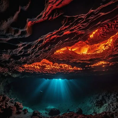 lava river,lava,lava flow,blue cave,underwater landscape,cave on the water,supervolcano,alien world,ocean floor,ocean underwater,sea caves,deep sea,volcanic,lava balls,volcano pool,cave tour,coral swirl,the bottom of the sea,deep ocean,cave,Photography,Artistic Photography,Artistic Photography 01