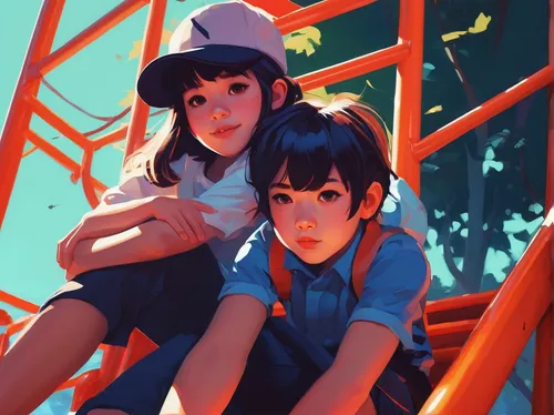 two girls,kids illustration,pines,study,sailors,torii,game illustration,red and blue,boy and girl,cells,childhood friends,hiyayakko,blue painting,children girls,little boy and girl,game art,sakana,studio ghibli,two-point-ladybug,little girls,Conceptual Art,Fantasy,Fantasy 19