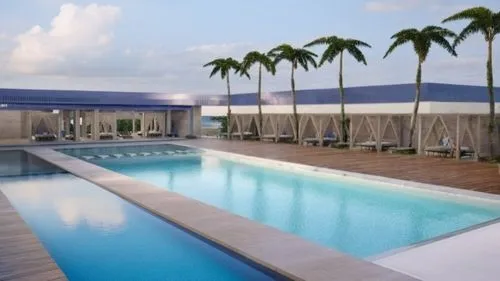 lengthen wooden deck,this is an outdoor swimming pool with trees,outdoor pool,roof top pool,pool house,swimming pool,residencial,renderings,infinity swimming pool,cabanas,pool bar,resort,paradisus,pen