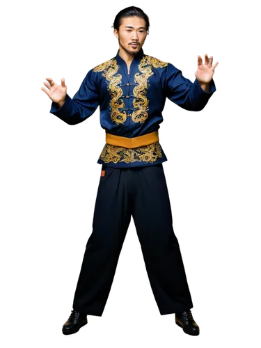 Kung Fu master, dynamic pose, energetic aura, wispy beard, tied-back hair, traditional Chinese clothing, intricate embroidery, loose sleeves, flowing pants, golden belt buckle, powerful chest, muscula