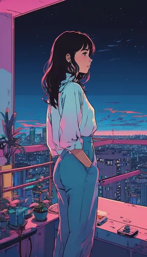 rooftop,honolulu,nighttime,dusk background,dusk,city lights,rooftops,windowsill,aesthetic,would a background,summer evening,stargazing,night glow,80's design,80s,sunset,evening city,cyan,dawn,digital illustration,Illustration,Japanese style,Japanese Style 06