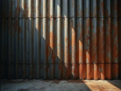 Industrial chic, modern design, corrugated iron, weathered rusty texture, metallic sheen, distressed finish, urban landscape, cityscape, contemporary architecture, brutalist style, abstract compositio