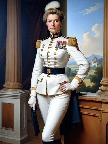 Fit my distinguished Prussian friend, Colonel-General Ficky-Louise von Manteuffel, with a tight-fitting ladies' uniform.,a painting of a woman in a white uniform,kolinda,zinaida,grybauskaite,matvienko