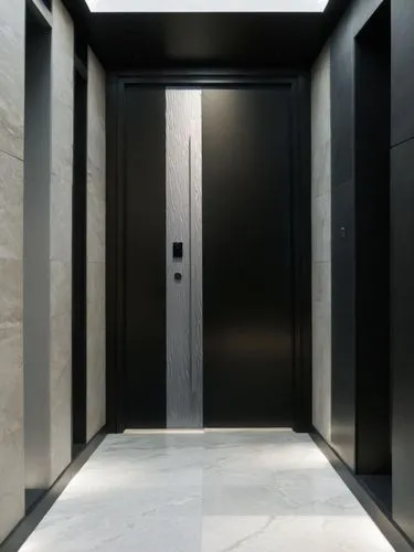 现代极简建筑长廊的入口场景，大理石岩板，,levator,elevator,metallic door,elevators,hallway space,walk-in closet,modern minimalist bathroom,room door,dark cabinetry,recessed,hallway,associati,hinged doors,closets,hallways,