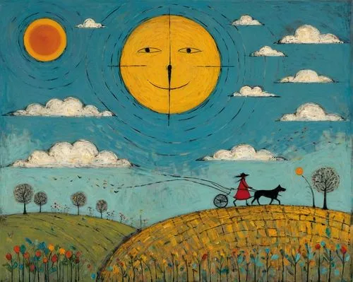 boy and dog,sun and moon,girl with dog,folk art,carol colman,vincent van gough,sun moon,man and horses,carol m highsmith,moon and star,motif,olle gill,farm landscape,hanging moon,farmer,full moon day,spring equinox,agricultural,yellow grass,rural landscape,Art,Artistic Painting,Artistic Painting 49