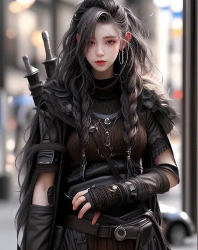 dark elf,goth woman,elven,gothic fashion,gara,goth,female warrior,vax figure,gothic woman,swordswoman,katana,goth like,gothic style,fantasy portrait,crow queen,fantasy warrior,huntress,raven girl,goth subculture,violet head elf