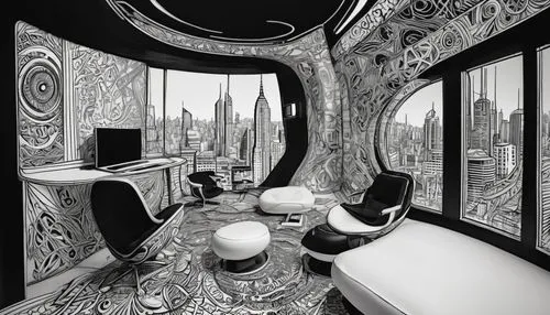 art deco,archigram,piranesi,wallcoverings,spaceship interior,art deco background,arcology,sketchup,ornate room,karchner,penthouses,inhabitation,consulting room,appartement,radiosity,livingroom,3d rendering,modern room,background design,fractal environment,Illustration,Black and White,Black and White 11