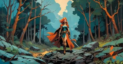 an artwork depiction of a girl in the woods with a sword,maedhros,triss,hellstrom,mirkwood,transistor,eilonwy,Conceptual Art,Oil color,Oil Color 04