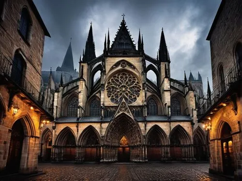 Gothic cathedral, Europe, medieval, stone walls, stained glass windows, ribbed vaults, flying buttresses, intricate carvings, grandiose entrance, ornate doorways, pointed arches, rose windows, towerin