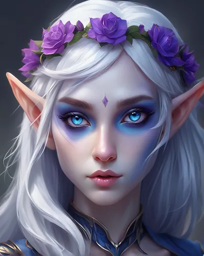 violet head elf,male elf,elven flower,fantasy portrait,elven,dark elf,elf,custom portrait,wood elf,fae,lokportrait,lilac blossom,mezzelune,blue enchantress,portrait background,elves,scandia gnome,faerie,aurora,elza,Conceptual Art,Fantasy,Fantasy 01