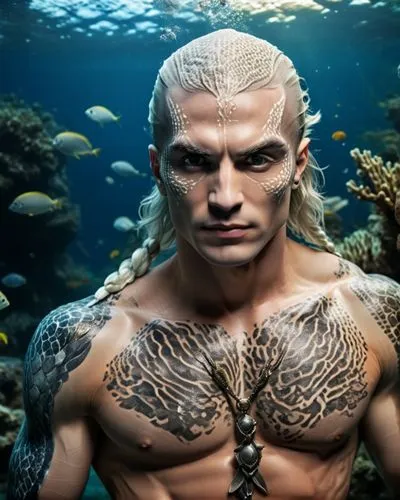 men, man,mermaid, real, naked, male, fish tail, sea ​​bass, coral reef, boy, man, masculine, muscles, sexy, muscular, hd, ,a man in full body paint is looking into the camera,atlantean,aquaman,urijah,