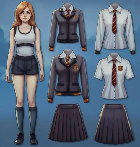 Paper doll 2d cartoon Hogwarts 16 year old schoolgirl in black sleeveless shirt ,black extra slim tight fit spandex short shorts with black long sock and black shoe standing surrounded by with a set o