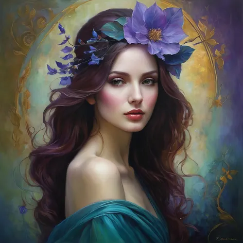 fantasy portrait,romantic portrait,faery,mystical portrait of a girl,faerie,la violetta,girl in a wreath,purple rose,fantasy art,boho art,fairy queen,lilac blossom,blue moon rose,lilac flower,elven flower,spring crown,rosa 'the fairy,wreath of flowers,the hat of the woman,purple lilac,Illustration,Realistic Fantasy,Realistic Fantasy 30