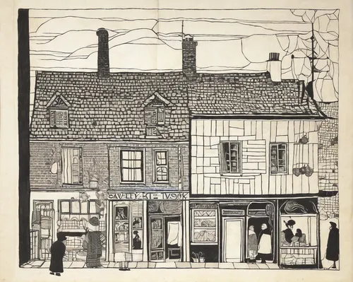 cool woodblock images,vintage drawing,woodblock prints,street scene,old houses,half-timbered houses,house drawing,store fronts,townscape,row houses,houses silhouette,half timbered,printmaking,shaftesbury,half-timbered,watercolor shops,york,clover hill tavern,half-timbered house,sheet drawing,Art,Artistic Painting,Artistic Painting 28