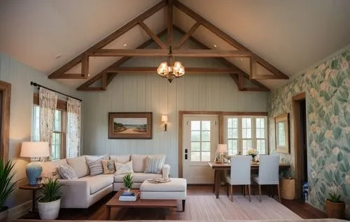 a well - decorated room with white couches and wood beams,wooden beams,country cottage,barnwood,vaulted ceiling,new england style house,fromental,Photography,General,Cinematic