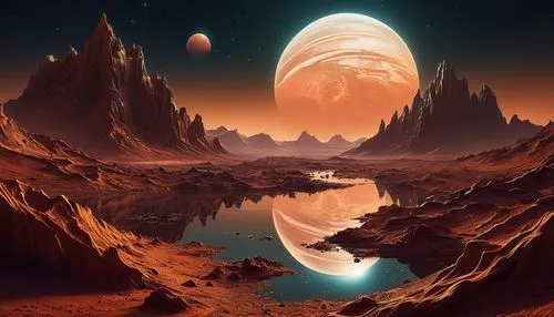 alien planet,alien world,barsoom,futuristic landscape,lunar landscape,red planet,Conceptual Art,Sci-Fi,Sci-Fi 01