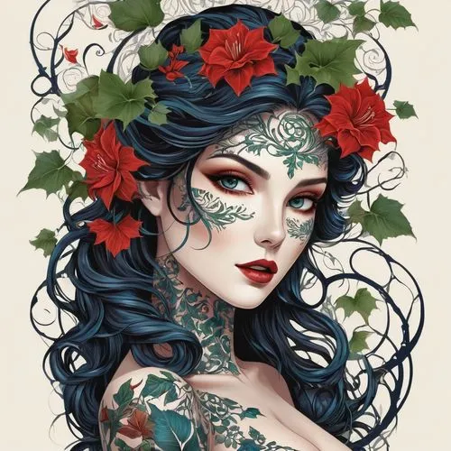 poison ivy,coral bells,flora,widow flower,rose flower illustration,fantasy portrait,rosebushes,floral wreath,elven flower,vintage floral,porcelain rose,watercolor pin up,faery,wild roses,faerie,wreath of flowers,flower girl,rose wreath,winter rose,eglantine,Photography,Fashion Photography,Fashion Photography 26