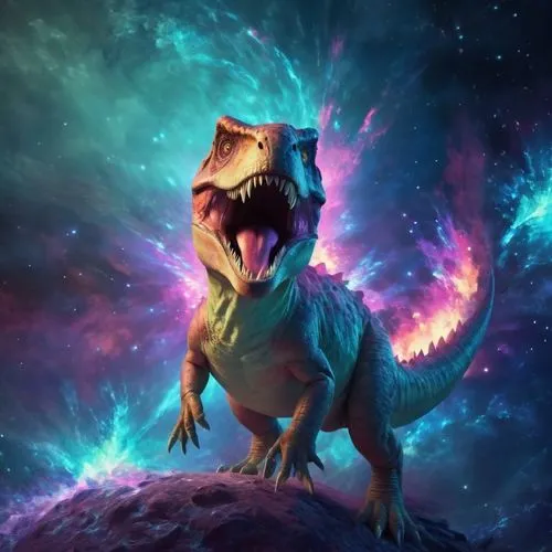 Un  pequeño T-Rex rugiendo  en un espacio cósmico de luz neón,the tyura dinosaur is on a planetary planet,spacegodzilla,landmannahellir,velociraptor,baragon,aladar,jaggi,Conceptual Art,Fantasy,Fantasy