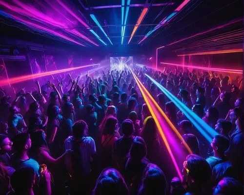 Vibrant dance party, futuristic club scene, AI-generated DJ, neon-lit stage, flashing lights, fog machines, crowd of dancers, colorful outfits, glow sticks, laser beams, metallic walls, holographic pr