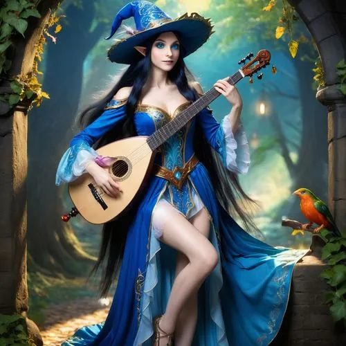 art bard,fantasy picture,music fantasy,blue enchantress,fantasy art,bard,fantasy portrait,musician,guitar,sorceress,classical guitar,fantasy woman,violin woman,serenade,faerie,woman playing,fantasy girl,balalaika,fairy tale character,cavaquinho,Illustration,Realistic Fantasy,Realistic Fantasy 02