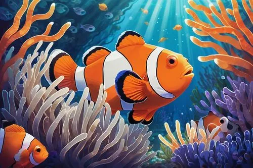 nemo,anemone fish,clownfish,underwater background,anemonefish,amphiprion,school of fish,clown fish,aquarium inhabitants,underwater fish,coral reef fish,marine fish,fish in water,discus fish,garibaldi (fish),coral guardian,aquarium,aquarium fish,coral fish,foxface fish,Illustration,Japanese style,Japanese Style 06