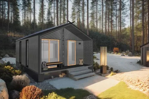 pine forest, afternoon, paths made of stones around, illumination with landscape lamps,this is a small modern tiny home nestled in the woods,inverted cottage,small cabin,3d rendering,cubic house,prefa