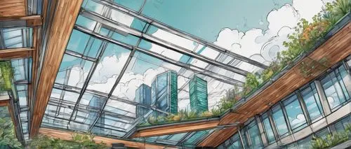 greenhouse,greenhouses,glasshouses,glass roof,glasshouse,greenhouse effect,greenhouse cover,glass building,skyways,arcology,atriums,roof landscape,skybridge,roof garden,ecotopia,glass facades,hahnenfu greenhouse,wintergarden,sunroom,earthship,Illustration,Black and White,Black and White 05