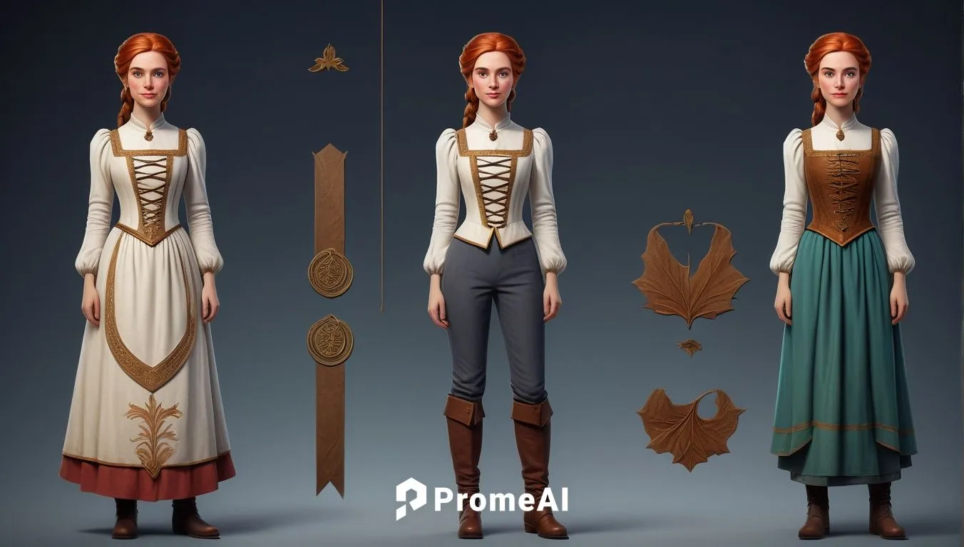 Paper dolls medieval noble women in white blouse ,grey medieval tight legging with brown boot standing with a set of elegant medieval noble dress full color colorful medieval fashion medieval clothing