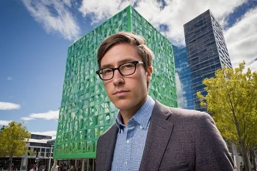 Christchurch, New Zealand, cityscape, architectural designer, male, 30s, bespectacled, short brown hair, professional attire, holding blueprints, standing, urban planning, modern skyscraper, glass fac