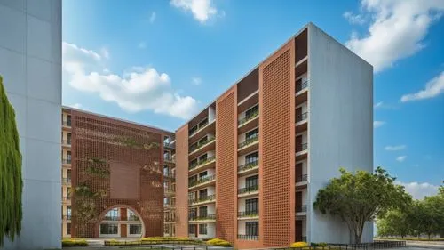 Design a modern university building facade featuring a blend of materials. The elevation highlights a brickwork jali screen that adds intricate geometric patterns and filtered light. The rest of the s