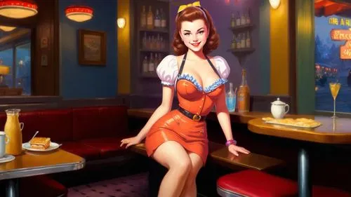 Romantic kitsch masterpiece oil painting, cute waitress girl portrait, sitting, 1950's style diner, nostalgic retro vintage scenery, by Thomas Kinkade, high res,retro pin up girl,pin up girl,pin-up gi