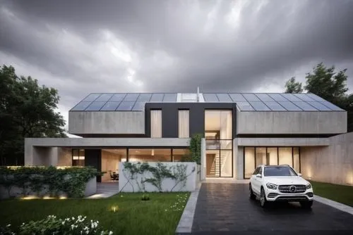 white Mercedes suv on the driveway,folding roof,modern house,metal roof,slate roof,metal cladding,cubic house,modern architecture,smart home,residential house,roof panels,eco-construction,timber house