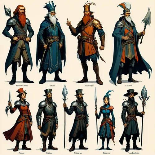 clergy,aesulapian staff,swordsmen,lancers,assassins,wizards,sea scouts,costumes,costume design,dragon slayers,characters,dwarves,nomads,elves,quarterstaff,concept art,fairytale characters,seven citizens of the country,biblical narrative characters,greek gods figures,Illustration,Retro,Retro 22