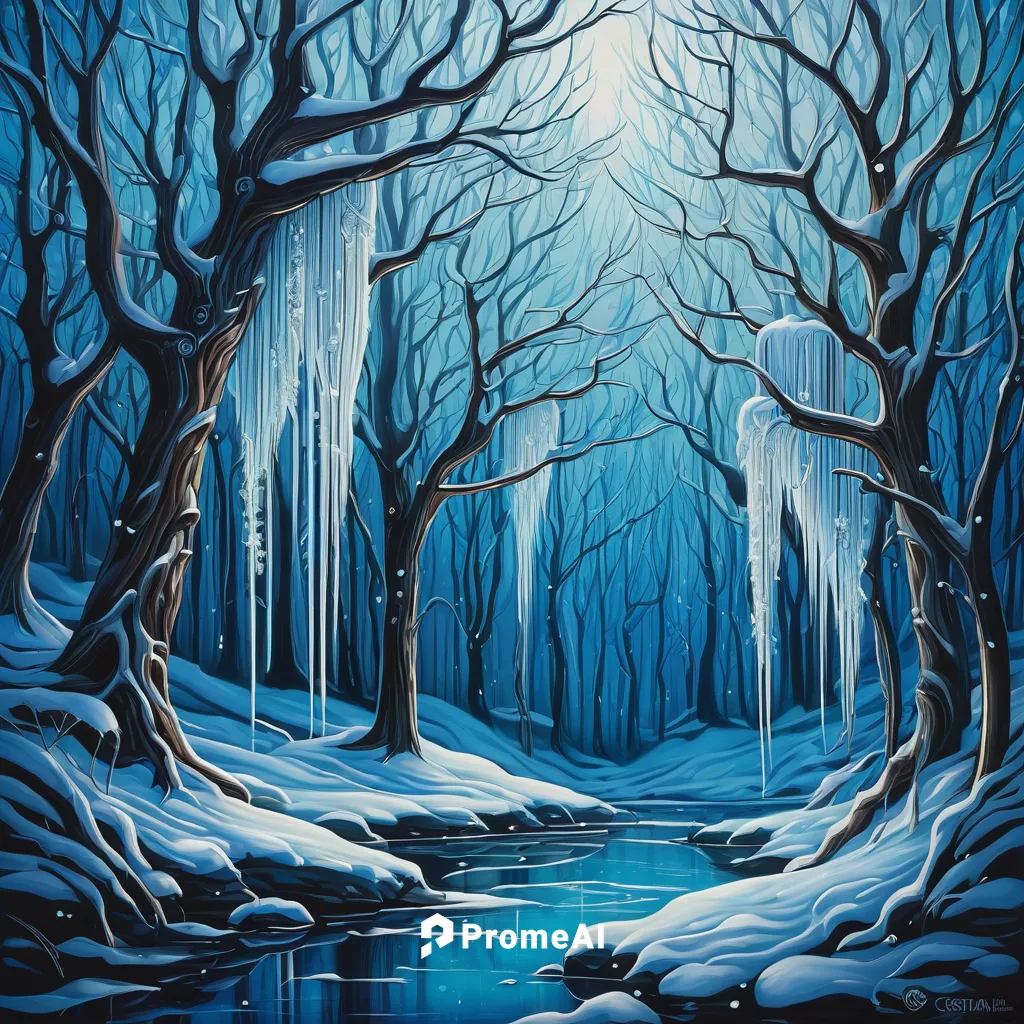 Paint a mystical winter forest with delicate icicles.,winter forest,winter landscape,winter background,snow landscape,forest landscape,snow trees,forest background,snow scene,birch forest,snowy landsc