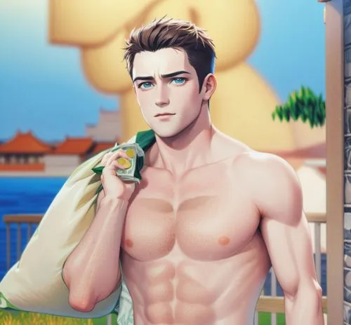 Sean O’Pry shirtless, black shorts,armpit hair, carrying a sack of cash,a man standing by a fence in front of a building holding his coat and shirt,songkran,plumeria,xianling,xufeng,zhenliang,hushang,