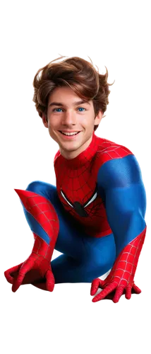 Spider-Man, facial close-up, youthful face, bright blue eyes, red and blue mask, messy brown hair, smiling expression, slight freckles, smooth skin, subtle shading, soft focus, cinematic lighting, 3/4