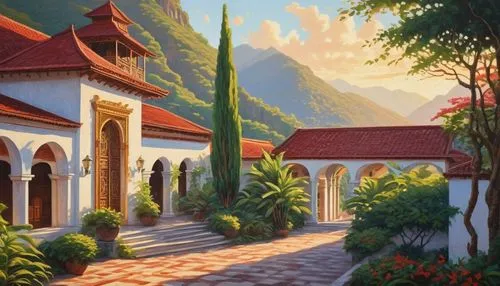 rivendell,kotor,church painting,altadena,mountain settlement,hacienda,mountain village,madeira,alpine village,citadels,hildebrandt,paisaje,palmilla,antigua,marbella,home landscape,bungalows,ojai,santa barbara,landscape background,Conceptual Art,Daily,Daily 31