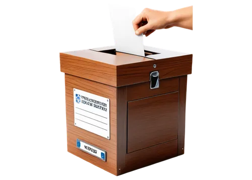 Poll image, ballot box, voting booth, democratic process, white background, 3/4 composition, shallow depth of field, softbox lighting, realistic texture, detailed wood grain, metal handle, glass front