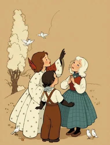 grannies,serenade,old couple,pilgrims,serenata,countrywomen,soyuzmultfilm,vintage girls,kate greenaway,stepsisters,grandparents,wlw,serenades,chomet,milkmaids,courtship,suitor,sylvania,vintage boy and girl,brigadoon,Illustration,Children,Children 04