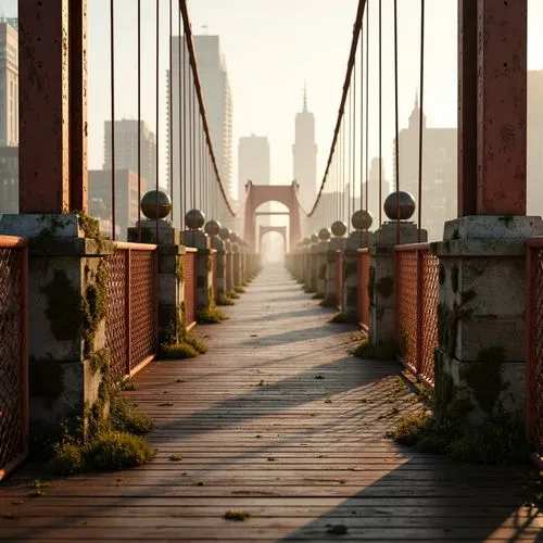 Rustic steel bridges, industrial rivets, weathered wooden planks, moss-covered stone abutments, curved suspension cables, vibrant orange safety nets, urban cityscape backgrounds, misty morning fog, wa