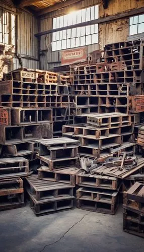 Industrial architectural salvage yard, Los Angeles, sunny afternoon, worn wooden crates, rusted metal scraps, old brick walls, distressed concrete floors, vintage construction signs, eclectic mix of s