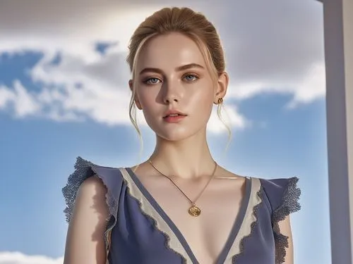 a woman wearing a blue dress with a yellow and grey necklace on her neck,ellinor,eilonwy,margairaz,kidman,cirta,liesel,sansa,sigyn,jessamine,necklace with winged heart,lydia,dirndl,margaery,zhomova,ch