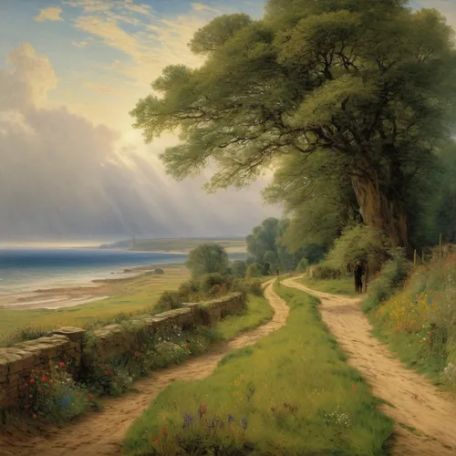 coastal landscape,the road to the sea,beach landscape,rural landscape,robert duncanson,coastal road,pathway,landscape background,landscape with sea,the mystical path,an island far away landscape,dune landscape,the path,landscape,home landscape,fantasy landscape,sea landscape,hiking path,natural landscape,brook landscape,Art,Classical Oil Painting,Classical Oil Painting 13