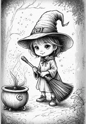 : Design Sketch-Rough Outline ,a drawing of a witch with her broom and pot,schierke,schierholtz,schierstein,witch,witching,mabon,Design Sketch,Design Sketch,Detailed Outline