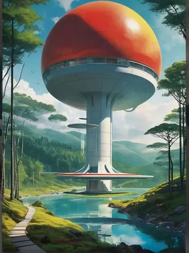 mushroom landscape,mushroom island,futuristic landscape,floating island,flying saucer,airships,ufo,airship,conocybe,water tower,watertower,skylon,round hut,toadstool,jetsons,fly agaric,red mushroom,ecotopia,cloud mushroom,club mushroom,Art,Artistic Painting,Artistic Painting 43