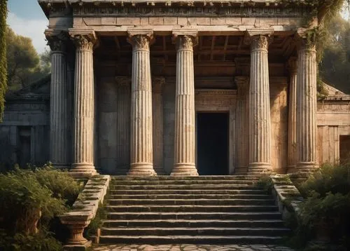 Oxman architecture, ancient Greek temple, marble structure, ornate columns, intricate carvings, grand entrance, symmetrical facade, stone stairs, weathered patina, overgrown with vines, misty morning,