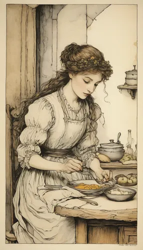 kate greenaway,girl in the kitchen,arthur rackham,woman holding pie,girl with bread-and-butter,girl with cereal bowl,milkmaid,cookery,laundress,vintage drawing,confectioner,woman eating apple,woman drinking coffee,the girl in nightie,vintage illustration,woman with ice-cream,housework,tureen,lillian gish - female,barmaid,Illustration,Retro,Retro 25