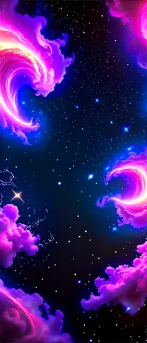 Animated background space, starry night sky, nebulae, swirling clouds, shimmering stardust, vibrant purple and blue hues, 3D rendering, futuristic, dynamic motion, soft glow, cinematic lighting, panor