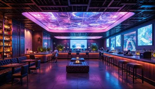 Neon-lit bar interior, futuristic metallic materials, iridescent glass surfaces, holographic displays, LED light installations, minimalist seating areas, space-age inspired decorative elements, gleami